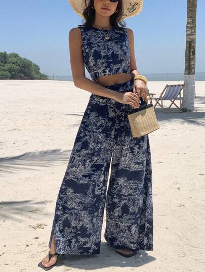 DAZY مجموعة ملابس علوية خزان وبنطال بطول الأرض ذو ساق واسعة مطبوع بالزهور لموسم الصيف، طراز العطلات 2 قطعة/مجموعة