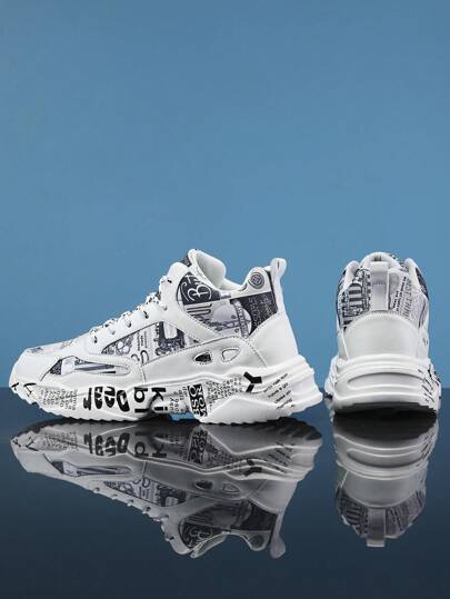 حذاء رياضي رجالي أسود وأبيض ذو طبعة هندسية عشوائية غير متماثلة، مرقع بتصميم عصري للتنزه الخارجي والتنقل اليومي، حذاء ضخم مريح مناسب لجميع المواسم