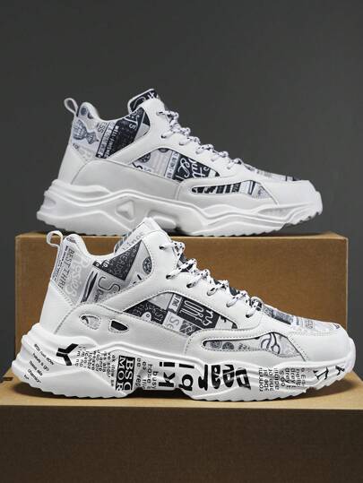 حذاء رياضي رجالي أسود وأبيض ذو طبعة هندسية عشوائية غير متماثلة، مرقع بتصميم عصري للتنزه الخارجي والتنقل اليومي، حذاء ضخم مريح مناسب لجميع المواسم