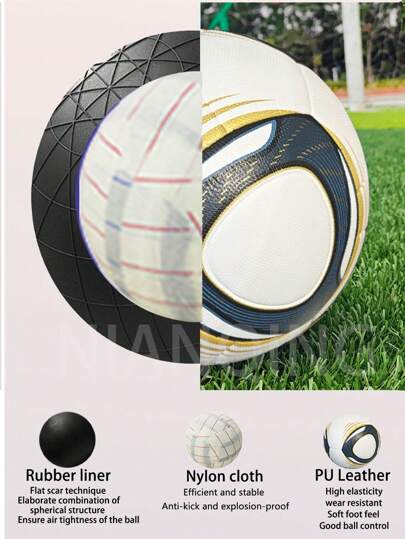 قطعة واحدة كرة كلاسيكية قياسية بربط حراري بدون درزات، من جلد البولي يوريثان المقوى مانع للانزلاق ومقاوم للتآكل بطبقة بطانة من مطاط البوتيل المقوى، متصلب ولا يتشوه بسهولة ذو مطاطية عالية وسهل الركل، مناسب للبالغين والشباب للتدريب والمنافسة، كرة قدم احترافي