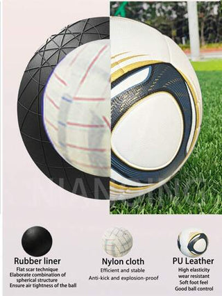 قطعة واحدة كرة كلاسيكية قياسية بربط حراري بدون درزات، من جلد البولي يوريثان المقوى مانع للانزلاق ومقاوم للتآكل بطبقة بطانة من مطاط البوتيل المقوى، متصلب ولا يتشوه بسهولة ذو مطاطية عالية وسهل الركل، مناسب للبالغين والشباب للتدريب والمنافسة، كرة قدم احترافي