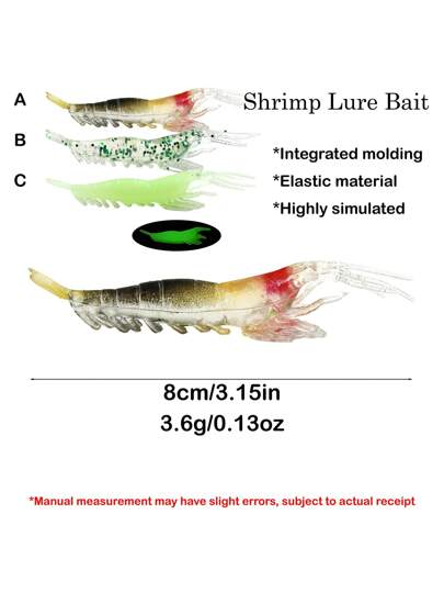1 مجموعة من 10 قطع طعم مبهم للروبيان من البلاستيك الناعم بطول 8 سم وزن 3.6 جرام، إكسسوارات صيد، تضيء في الظلام، طعم حقيقي مناسب للمياه المالحة والعذبة
