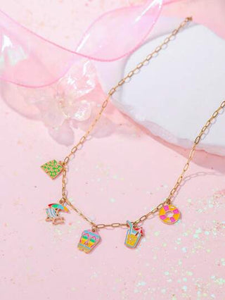 طقم مجوهرات واكسسوارات مكون من قلادة من الكائن بتصميمات ملونة لأوقات الصيف المميزة مثل: بنطال مزهري ملون، مظلة نمط ، نعال، حلقة سباحة، وربما علاقات ، هدية رائعة للأصدقاء والعائلة في أعياد الميلاد والإجازات