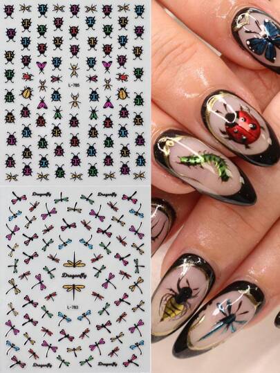 FULL BEAUTY ملصقات فن الأظافر الملونة المزينة بالخنافس المتلألئة والزنابير والفراشات والعنكبوت، أحمر أزرق بنفسجي ، زخارف أظافر DIY للعطلات والاحتفالات