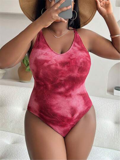 Slaydiva بدلة السباحة قطعة واحدة مطبوع عليها طباعة التعادل، رقبة دائرية مخدد، مقاس كبير