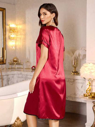 LuxeNights مريلة نوم أنيقة للنساء بطبعة لمسات ملونة متناقضة وياقة بوزن خفيف على شكل حرف V أكمام قصيرة