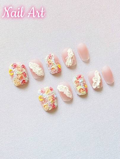 10 قطع من الأظافر المصنوعة يدويًا،على طراز لوحة زيتية طازجة، أظافر صناعية، أظافر صيفية، فن الأظافر الجميل، أظافر وردية فاتحة للضغط ، مناسبة للنساء والفتيات للارتداء اليومي أو في المناسبات ، جودة عالية الجودة.