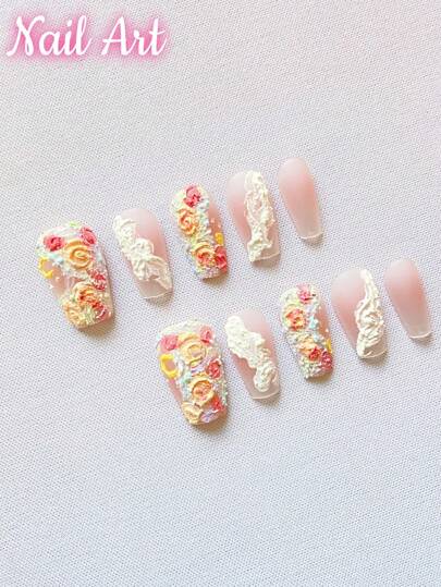 10 قطع من الأظافر المصنوعة يدويًا،على طراز لوحة زيتية طازجة، أظافر صناعية، أظافر صيفية، فن الأظافر الجميل، أظافر وردية فاتحة للضغط ، مناسبة للنساء والفتيات للارتداء اليومي أو في المناسبات ، جودة عالية الجودة.