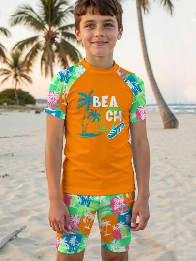 مايوه أولادي طقم كاجوال لحدث الشاطئ للأطفال من الفتيان، يتكون من بنطال قصير وبدلة سباحة, مطبوع عليه "الشاطئ والجوز والعطلة والإجازة والبحر ورحلة العائلة"، مناسب للصيف