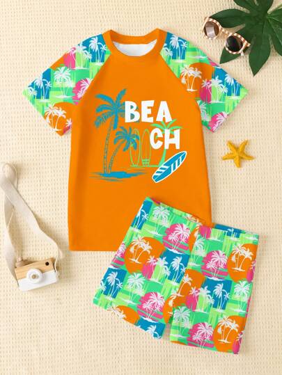 مايوه أولادي طقم كاجوال لحدث الشاطئ للأطفال من الفتيان، يتكون من بنطال قصير وبدلة سباحة, مطبوع عليه "الشاطئ والجوز والعطلة والإجازة والبحر ورحلة العائلة"، مناسب للصيف