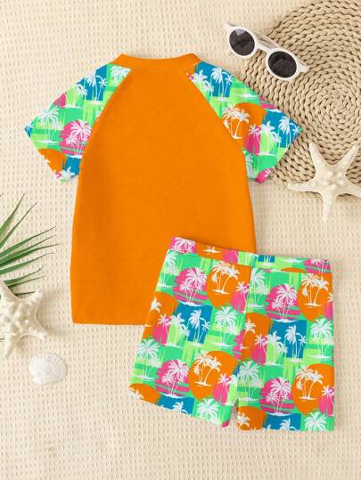 مايوه أولادي طقم كاجوال لحدث الشاطئ للأطفال من الفتيان، يتكون من بنطال قصير وبدلة سباحة, مطبوع عليه "الشاطئ والجوز والعطلة والإجازة والبحر ورحلة العائلة"، مناسب للصيف