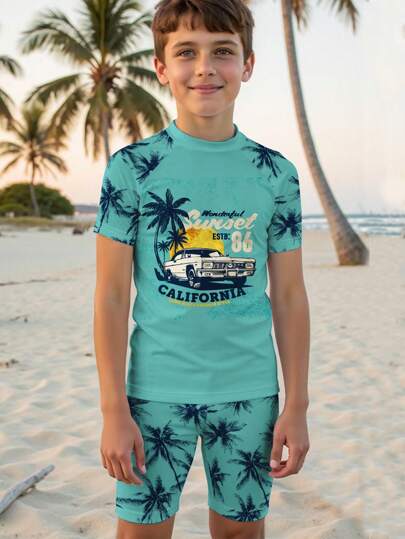 مايوه أولادي مجموعة صبية بسيطة للمراهقين تشمل شورت وبدلة سباحة بياقة مستديرة وأكمام قصيرة، مناسبة للصيف بتصميمات كاليفورنيا وسيارات السباق والعطلات