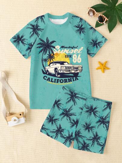 مايوه أولادي مجموعة صبية بسيطة للمراهقين تشمل شورت وبدلة سباحة بياقة مستديرة وأكمام قصيرة، مناسبة للصيف بتصميمات كاليفورنيا وسيارات السباق والعطلات