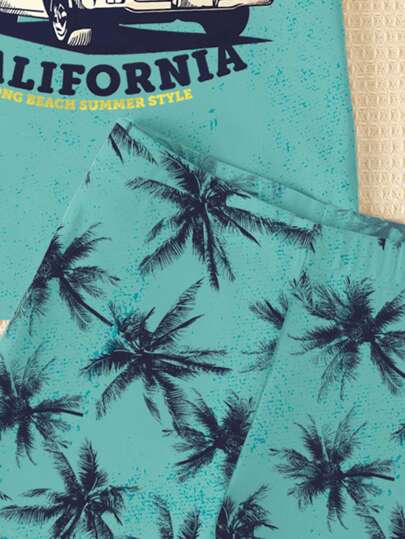 مايوه أولادي مجموعة صبية بسيطة للمراهقين تشمل شورت وبدلة سباحة بياقة مستديرة وأكمام قصيرة، مناسبة للصيف بتصميمات كاليفورنيا وسيارات السباق والعطلات