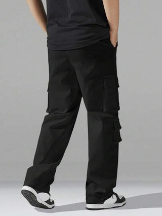 Manfinity Hypemode بناطيل رجالية كاجوال بخصر سحاب و جيوب كاركو, بتصميم بطراز واسع مستقيم, للاستخدام اليومي والسفر والارتداء العادي.