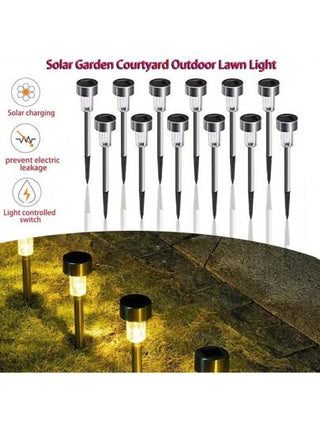 12 قطعة من أنوار الحديقة العاملة بالطاقة الشمسية من الفولاذ المقاوم للصدأ، أضواء ديكور خارجية مقاومة للماء وموفرة للطاقة سهلة التركيب، تناسب ديكور الحدائق والمناطق المحيطة بالمنزل مثل المداخل والممرات والأفنية والأسوار والمسابح، مناسبة لاستخدامات يومية أو