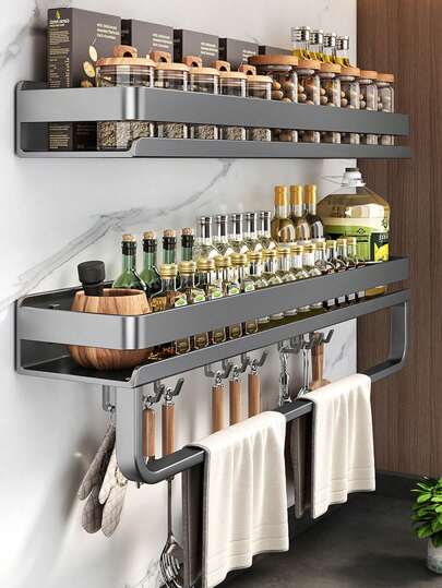 زوج اثنان من رفوف المطبخ المنظم للتوابل (طبقتين)، مع خطاطيف وأسياخ، سعة كبيرة وهيكل معدني، رف تخزين متعدد الوظائف للمنزل ، رفوف معلقة على الحائط - سهلة التركيب ، تخزين منظم ، سهل الوصول إليه