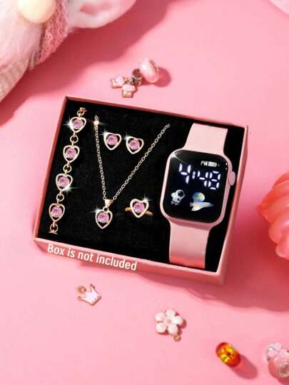 6 قطعة/مجموعة ساعة رقمية متنوعة المظهر والألوان تضيء بالليد للبنات، سوار سيليكون، مكملة بسوار وقلادة وخاتم وأقراط للإكسسوارات، مناسبة كهدية لطلاب المدرسة والتخرج ومناسبات أخرى, لأي مناسبة يومية مثل العودة للمدرسة، الحفلات والسفر، عيد الميلاد، التخرج، هدية