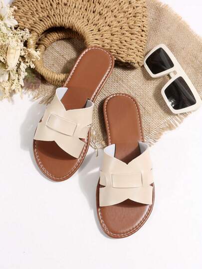 نعال صنادل نسائية بمقاسات كبيرة مريحة وبسيطة، برؤوس دائرية مفرغة مسطحة، صنادل كاجوال منزلقة للصيف