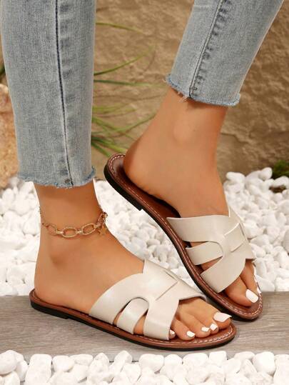 نعال صنادل نسائية بمقاسات كبيرة مريحة وبسيطة، برؤوس دائرية مفرغة مسطحة، صنادل كاجوال منزلقة للصيف