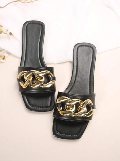 كعب منخفض شريحة سهلة الارتداء للنساء، صندل شرائح متعدد الأغراض مع إبزيم معدني وإصبع قدم مربع، حذاء شاطئي مريح، مناسب للصيف والخريف