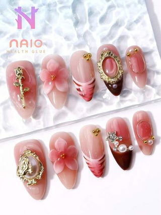 مجموعة 10 قطع أظافر مصنوعة يدويًا من Naio Nails بجودة صالون الأظافر، شكل لوز متوسط بتصميم فرنسي باللون الوردي والنمر مع نقوش زهرية ثلاثية الأبعاد, تصميم حصري للأظافر الفاخرة بالشكل الثلاثي الأبعاد، وزخرفة مطلية بسبائك معدنية، مناسبة للحفلات الرأس...
