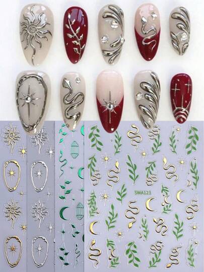 ملصقات أظافر معدنية ثلاثية الأبعاد على شكل أوراق ثعبان 4 قطع، بتصاميم على شكل أوراق وأشكال هندسية مثل الشمس والقمر والنجوم والدوائر والأقفاص والحيوانات البرية بألوان الذهبي والفضي والأخضر، مخصصة للاستخدام على طلاء الأظافر وديكوراتها