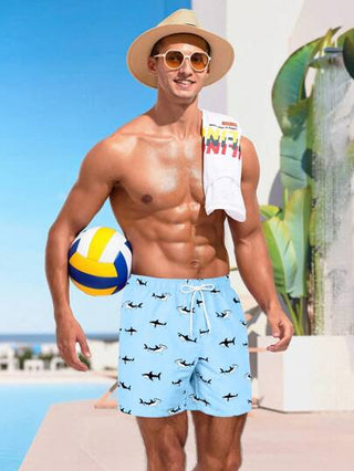 Manfinity Swimmode شورتات سباحة فضفاضة ذات خصر بسحاب بطبعة سمكة القرش للرجال ,الهاواي