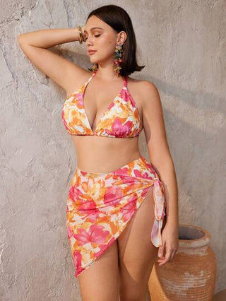 Swim Oasis مجموعة بحر للمرأة متزايدة الحجم مكونة من 3 قطع بطبعة زهور وردية ، ملابس علوية مثلث, سروال وتنورة سارونج للرحلات