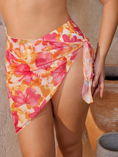 Swim Oasis مجموعة بحر للمرأة متزايدة الحجم مكونة من 3 قطع بطبعة زهور وردية ، ملابس علوية مثلث, سروال وتنورة سارونج للرحلات