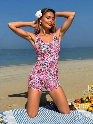 طقم تانكيني حريمي Swim Lushoire مجموعة ثلاث قطع للمرأة، سالوبيت بطبعات نباتية استوائية عشوائية بحمالات رفيعة وأعلى الخصر بشكل مثلث وتنورة بشق أمامي، بدلة سباحة تانكيني