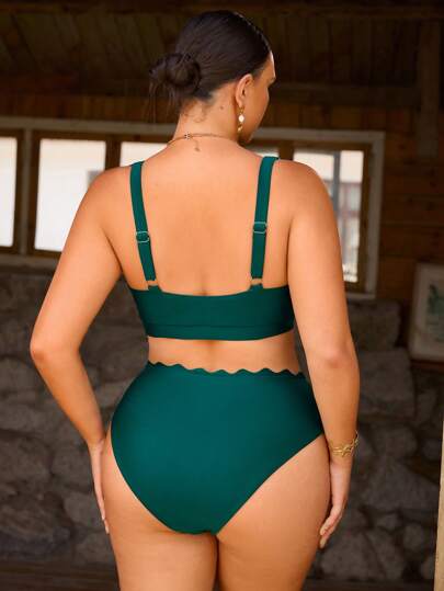 Swim Basics مجموعة ملابس السباحة بتصميم لون واحد مع تريم من الصدفة، ملابس شاطئ العطلات، مقاسات كبيرة