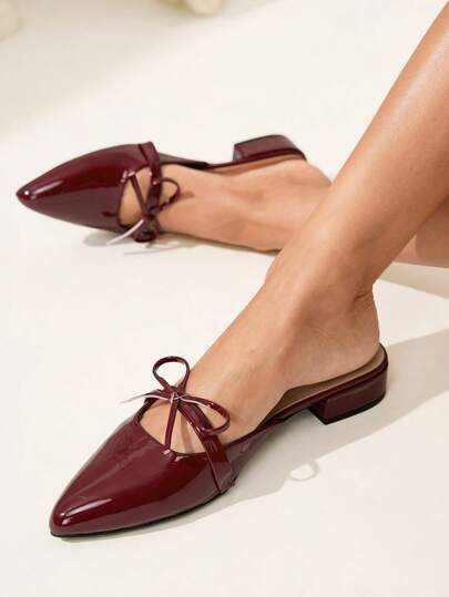 CUCCOO CHICEST أنيقة للنساء أحذية كاجوال/عمل مدببة الأصبع بتصميم الخفاف، تصميم فراشة مجوف جديد، جلد لامع بلون البورجندي، متعدد الاستخدامات