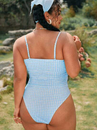 طقم تانكيني حريمي Swim Mod بكيني بمقاس كبير مطبوع بالمربعات 2 قطعة، ملابس سباحة، ملابس لارتدائها في حمام السباحة/الشاطئ