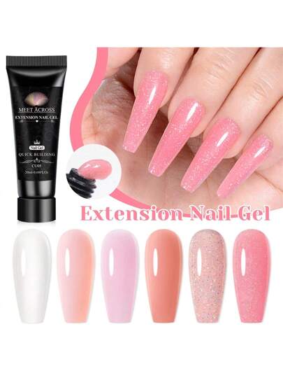 MEET ACROSS 6 قطع جل إكستنشن أظافر بوليمر سعة 20مل مجموعة طلاء الأظافر ، جل اكستنشن جليتر أكريليك لملمرة المناكير وألوان ملمعة وأطراف أظافر وفن جمالي للأظافر الأطول والأقوى