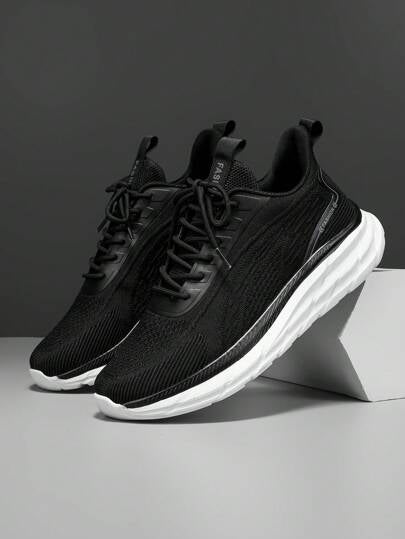 أحذية رياضية كاجوال ذات رباط أمامي للرجال، سهلة الارتداء وخفيفة الوزن من القماش المنسوج الفاخر باللون الأسود، مناسبة للارتداء اليومي والخارجي ولتمارين الركض والتدريب بالخارج