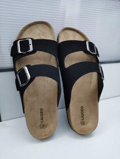 النعال المخملية السوداء ذات الحزامين، النعال الناعمة من الفلين، أحذية الشاطئ ، أحذية كاجوال مريحة للجنسين بدون كعب للمشي والإجازات