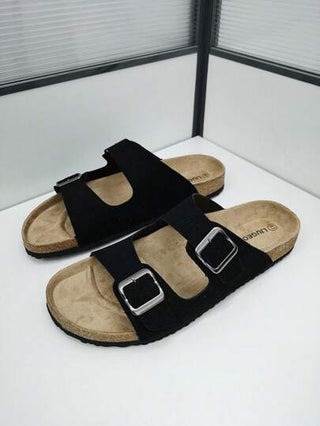 النعال المخملية السوداء ذات الحزامين، النعال الناعمة من الفلين، أحذية الشاطئ ، أحذية كاجوال مريحة للجنسين بدون كعب للمشي والإجازات