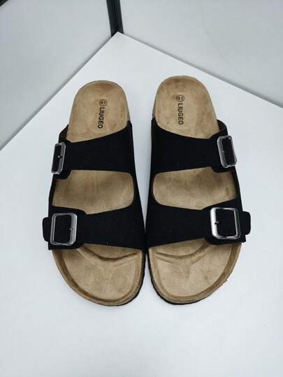 النعال المخملية السوداء ذات الحزامين، النعال الناعمة من الفلين، أحذية الشاطئ ، أحذية كاجوال مريحة للجنسين بدون كعب للمشي والإجازات