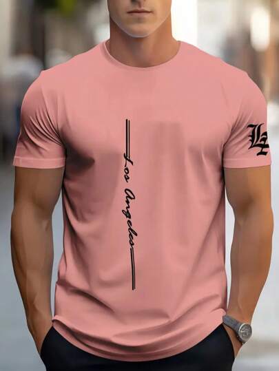 تي شيرت قصير الأكمام قطن سريع الجفاف نفّاس باللون الزهري الفاتح مع رسمة "لوس أنجلوس" مطبوعة - مثالي للرياضات الخارجية