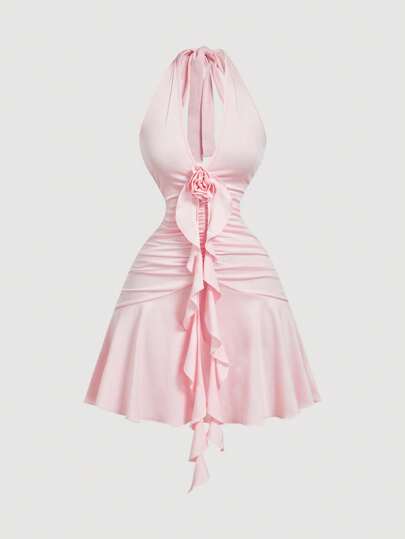 SHEIN MOD فستان حريمي وردي الرقبة على شكل حرف V مزين بزخرفة ورود ثلاثية الأبعاد مع حافة مكرمشة وحزام على الرقبة