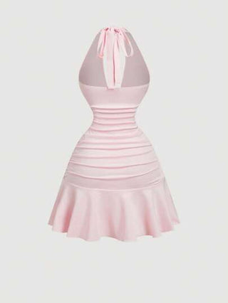 SHEIN MOD فستان حريمي وردي الرقبة على شكل حرف V مزين بزخرفة ورود ثلاثية الأبعاد مع حافة مكرمشة وحزام على الرقبة