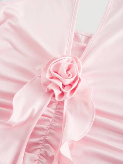 SHEIN MOD فستان حريمي وردي الرقبة على شكل حرف V مزين بزخرفة ورود ثلاثية الأبعاد مع حافة مكرمشة وحزام على الرقبة