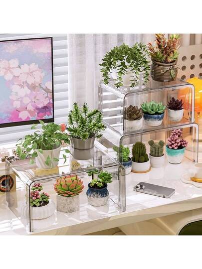 أثاث مكتبي 2 حامل عرض متعدد الطبقات من البلاستيك الشفاف، منظم مكتبي للمستحضرات التجميلية والنباتات الصغيرة لطاولة الصالة وطاولة القهوة
