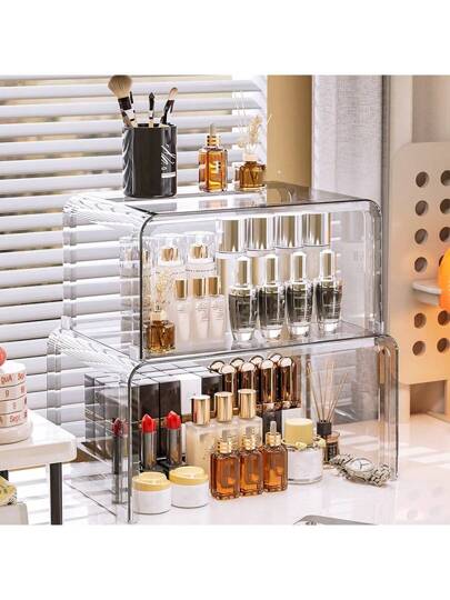 أثاث مكتبي 2 حامل عرض متعدد الطبقات من البلاستيك الشفاف، منظم مكتبي للمستحضرات التجميلية والنباتات الصغيرة لطاولة الصالة وطاولة القهوة