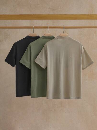 HIMLAND 3 قطع/عبوة قمصان بولو بجيوب للرجال ضيقة القصة بأكمام قصيرة وأكتاف منخفضة، مناسبة للارتداء اليومي