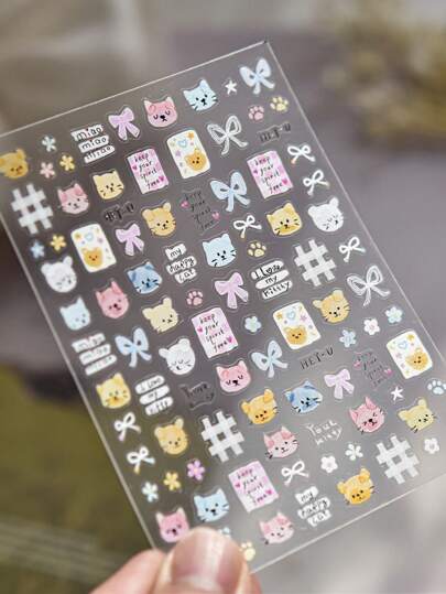 1 قطعة ملصقات أظافر على شكل قطة كرتونية مع فيونكة ، ملصقات ديكور أظافر لاصقة ذاتيًا ، أدوات تزيين الأظافر DIY