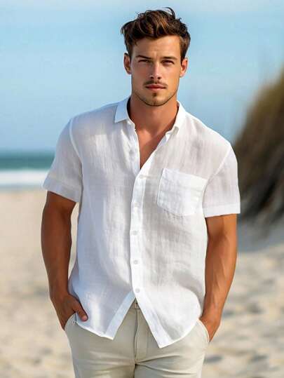 قميص قصير الأكمام بلون أزرق فاتح للرجال، قميص للإجازات والشواطئ في هاواي
