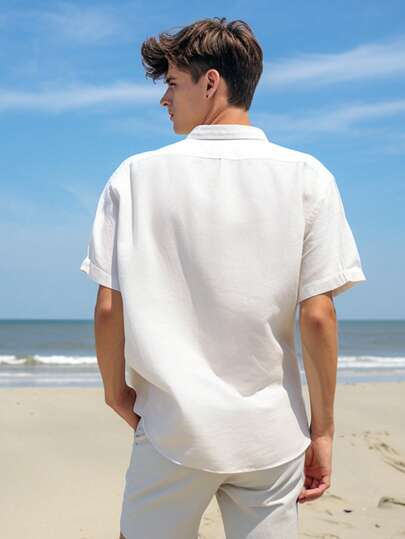 قميص قصير الأكمام بلون أزرق فاتح للرجال، قميص للإجازات والشواطئ في هاواي