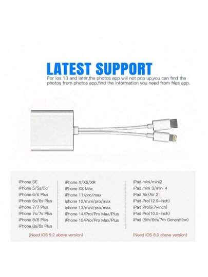 قارئ بطاقة ذاكرة ثنائي المنفذ (نوع C + منفذ SD)، يدعم بطاقات SD وبطاقات TF، متوافق مع كاميرات أجهزة الأيفون والأيباد، يتوافق مع طرازات آيفون 16 برو ماكس/16 برو/16 بلس/16/15/14/13/12/11/XS/XR/8/7/6، والأجهزة الأيباد، تعمل بمجرد التوصيل دون الحاجة إلى تطبيق